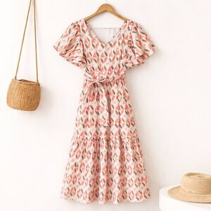 Sim & Sam Cotton Midi Dress Boho Ruffle Sleeve Belted Geometric Print Sz S NWT